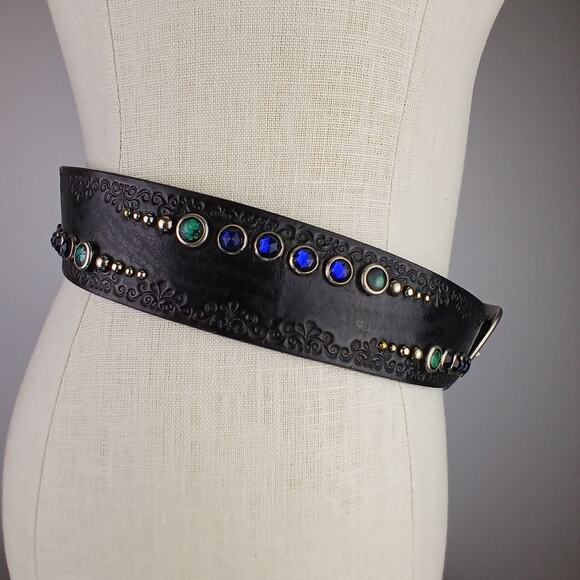 VTG SZ L Black Leather Handcrafted Belt Turquoise Gems Silver Studs Made USA
